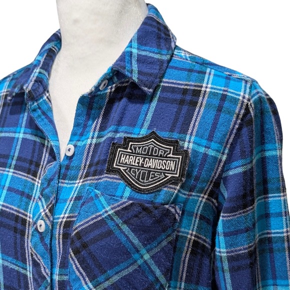 Woolrich Tops - Woolrich Plaid Flannel Shirt Harley Davidson Patch Blue Black White S